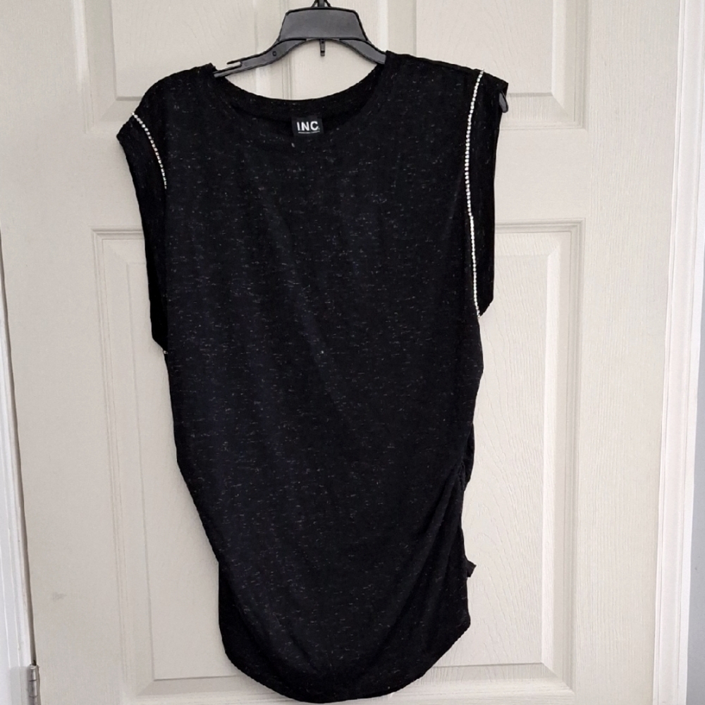 INC Deep Black Glitter Sleeveless T Shirt Rhinestone Ruched Waist Size XL NWT
